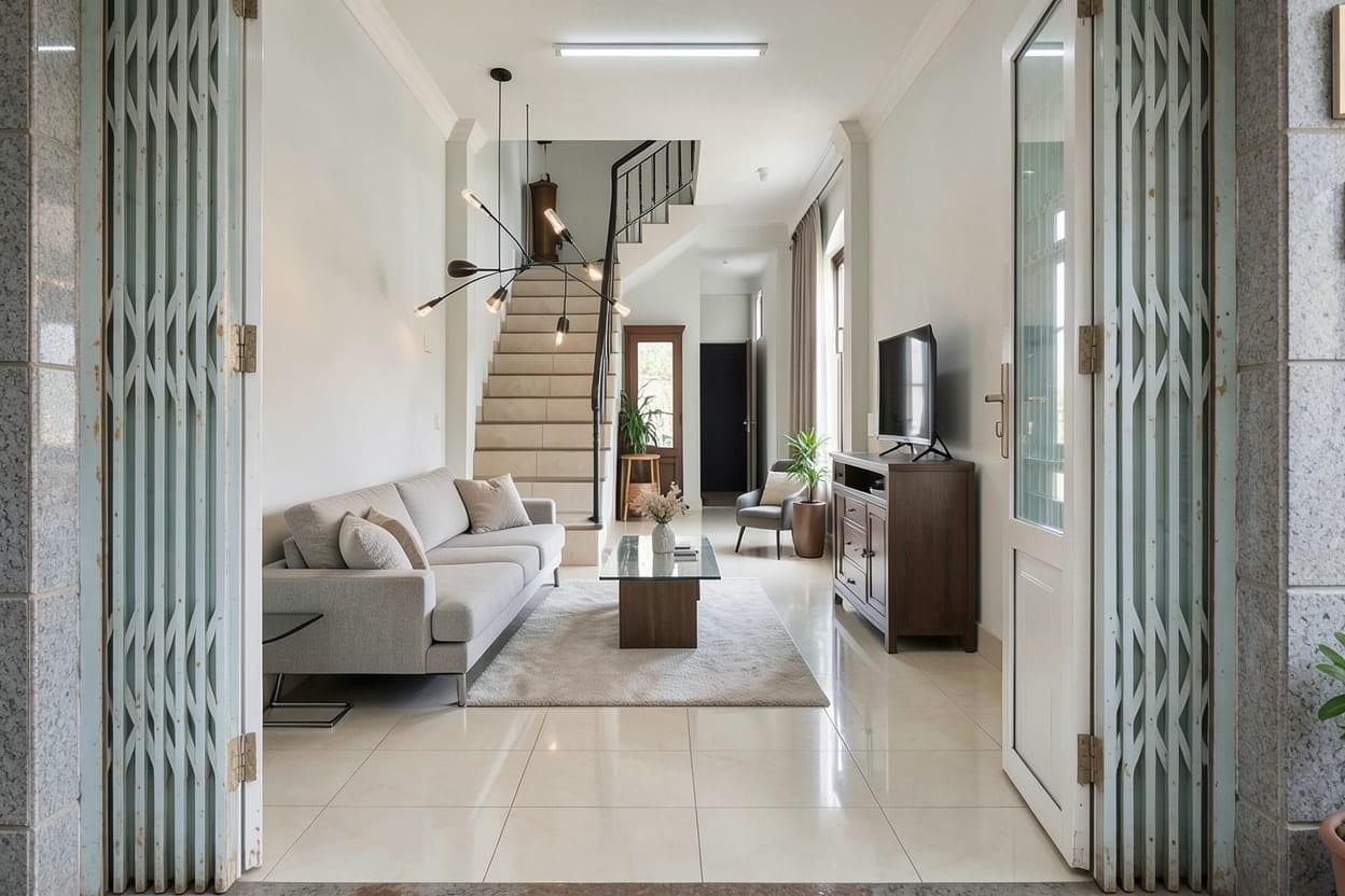 Cùng phòng khách nhà ống theo phong cách hiện đại, sofa thấp màu sáng, sàn sáng, tủ kịch trần và đèn âm trần ánh vàng