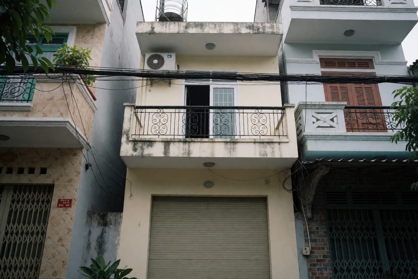 Nhà ống 2 tầng rộng khoảng 5 m trong hẻm, tường kem loang vệt nước, cửa cuốn, ban công lan can sắt và bồn nước trên mái