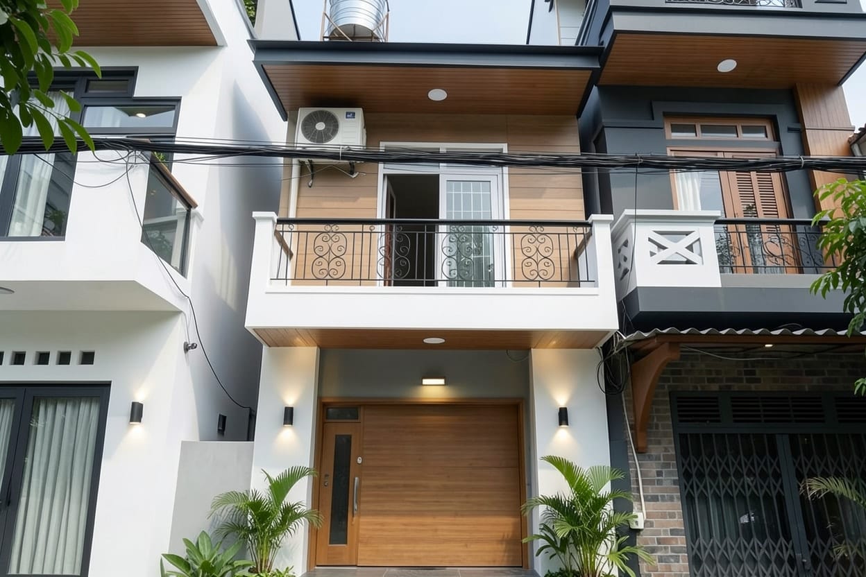 Nhà ống 2 tầng mặt tiền 5 m phong cách hiện đại, tường trắng xám, khung cửa đen, lan can mảnh và mảng ốp gỗ ở lối vào