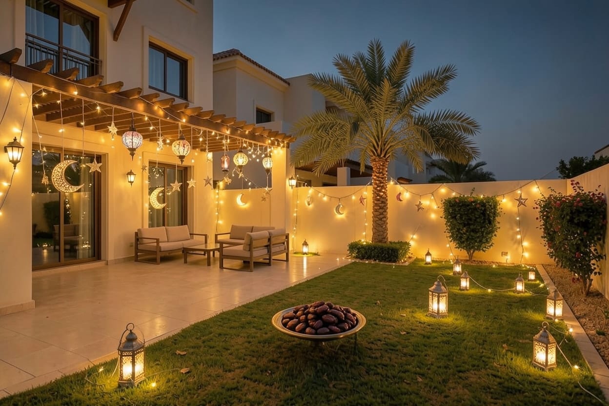 The paved terrace and garden of a family villa in Dubai, decorated outdoors for Ramadan and Eid.