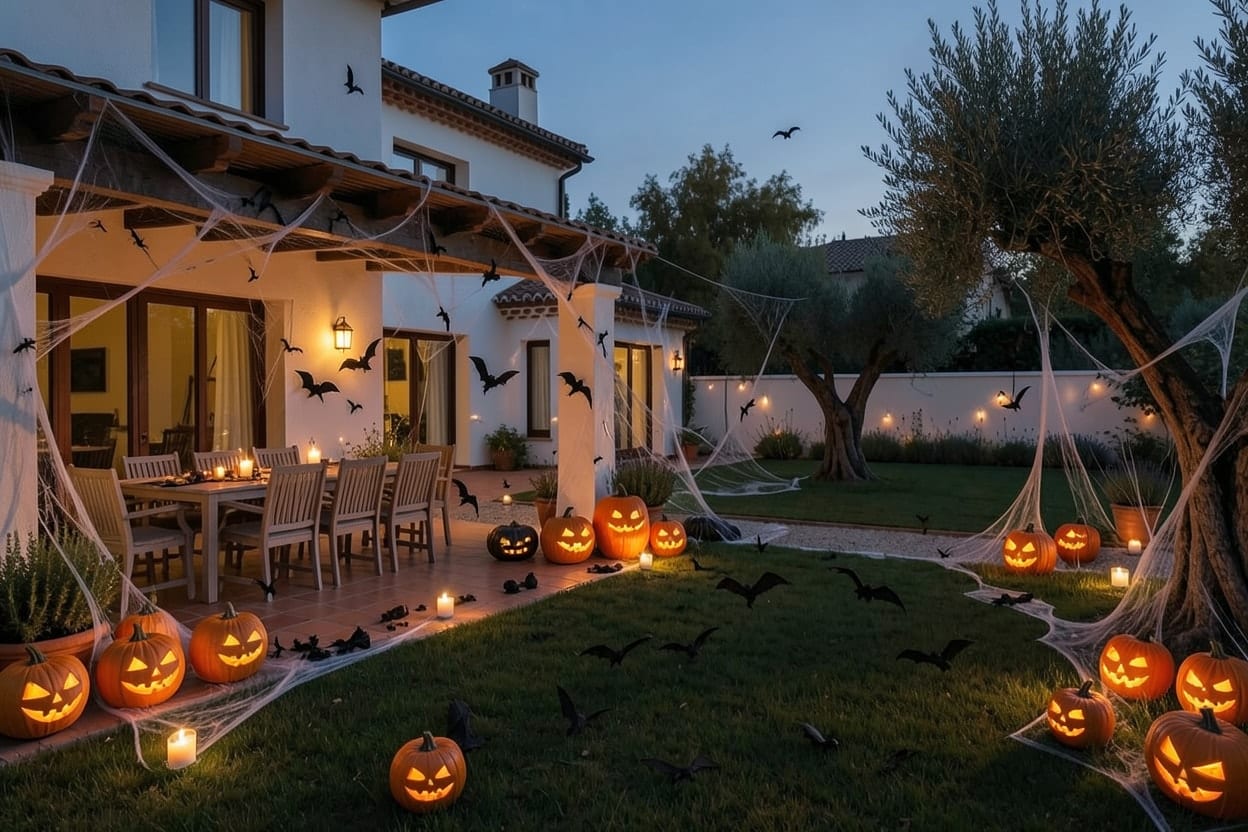 The garden and covered terrace of a large white villa, decorated outdoors for Halloween.
