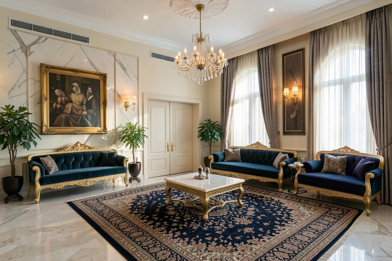 A bare reception room in a villa with a marble floor, furnished as a Majlis in the Luxury style.
