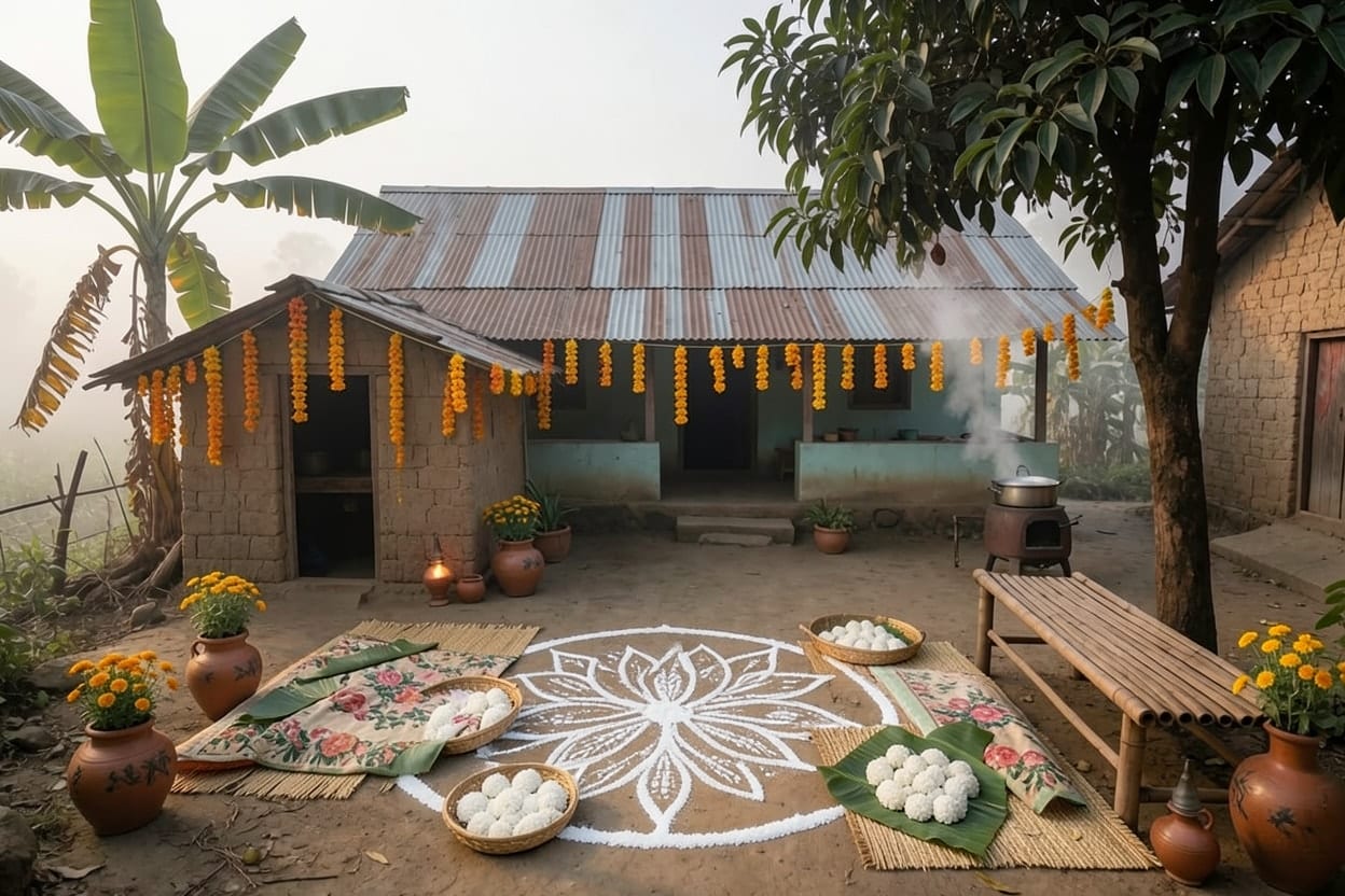 পৌষ সংক্রান্তির জন্য সাজানো একই উঠোন: মাঝে বড় সাদা আলপনা, মাদুরে কুলাভরা পিঠা, মাটির প্রদীপ আর বারান্দায় গাঁদার মালা