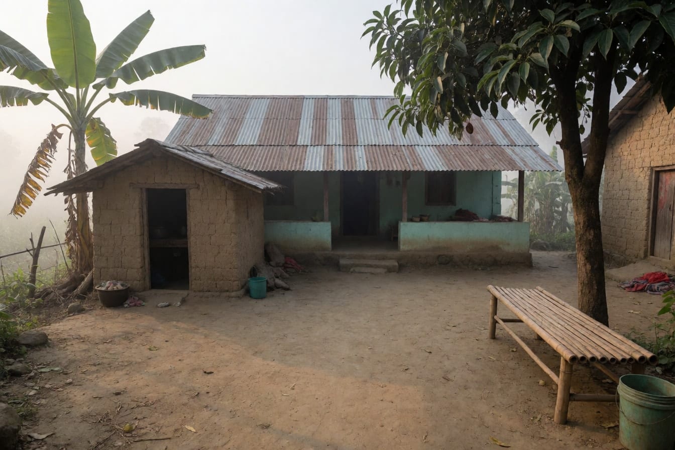 কুয়াশা ভরা সকালে গ্রামের বাড়ির মাটির উঠোন, টিনের চালের ঘর, মাটির রান্নাঘর, কলাগাছ আর বাঁশের বেঞ্চ