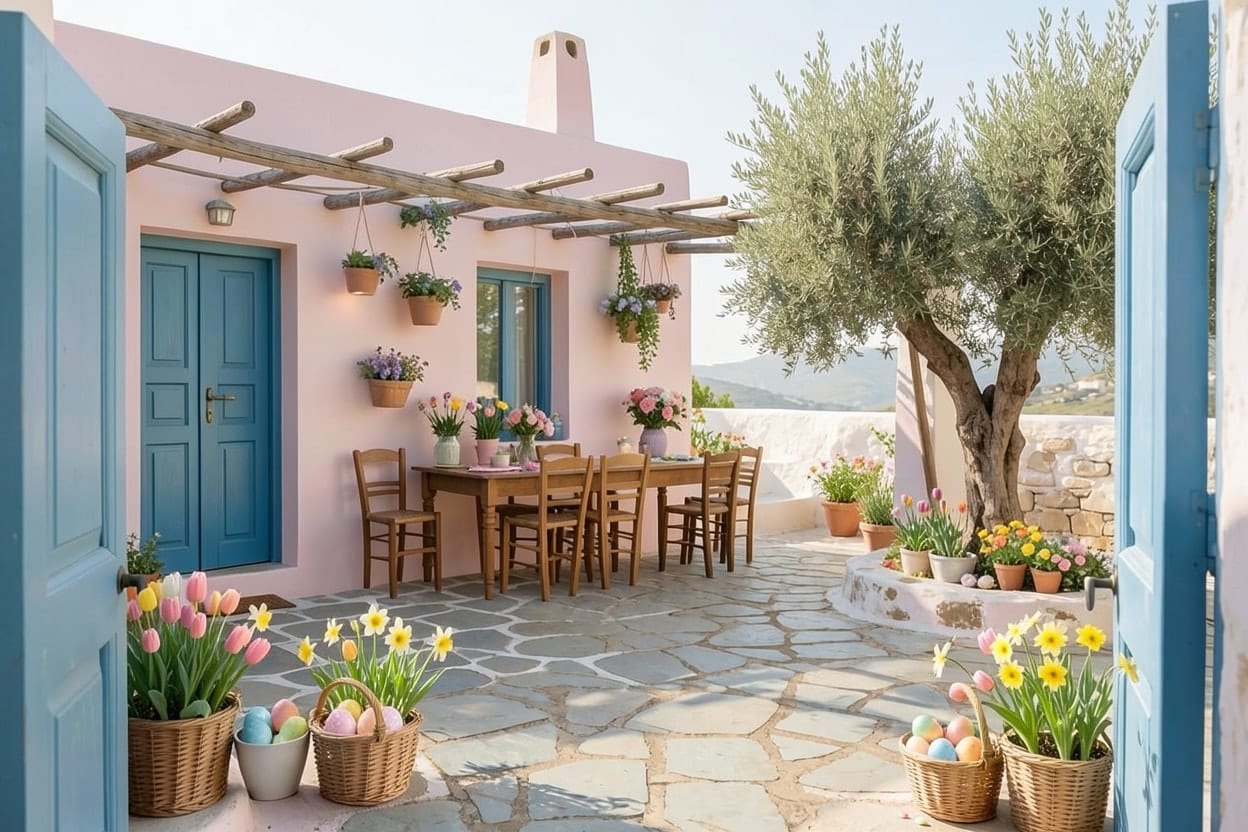 The stone courtyard of a whitewashed village house, decorated outdoors for Easter.