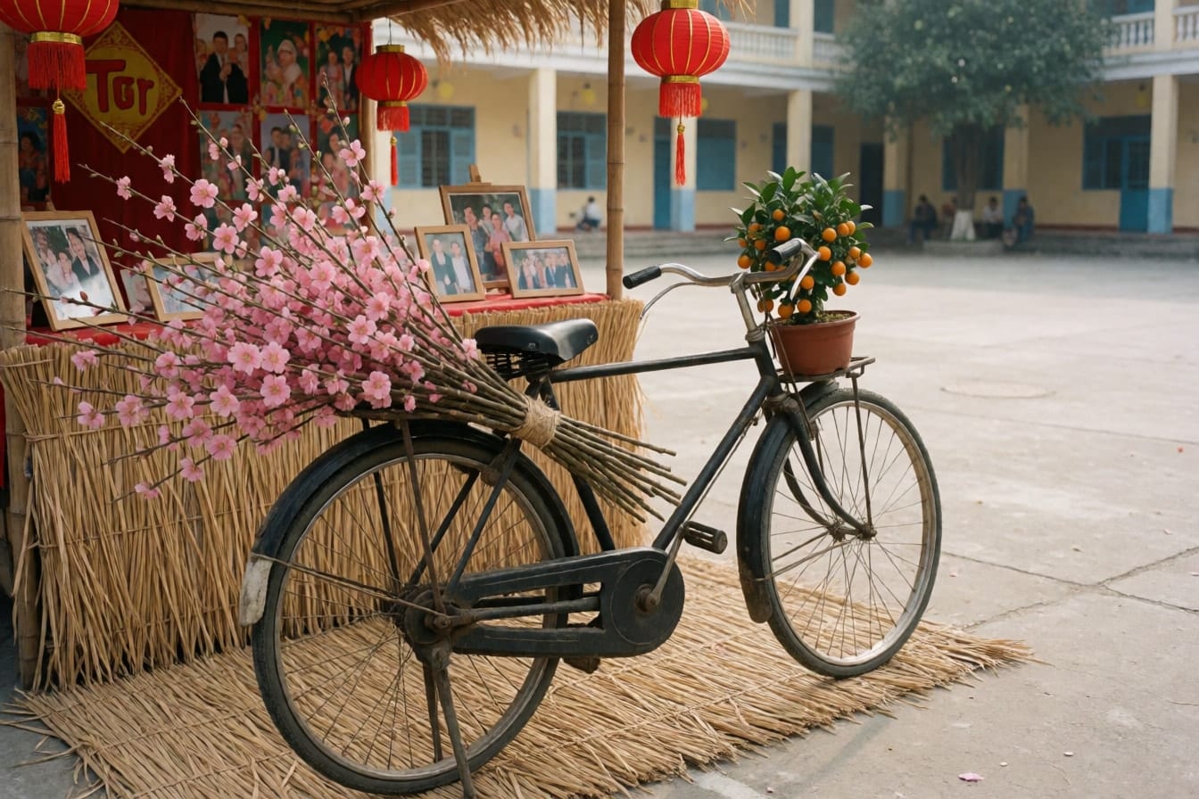 Xe đạp cũ màu đen chở cành đào hồng ở yên sau và chậu quất nhỏ ở giỏ trước, dựng trên chiếu rơm cạnh gian hàng Tết
