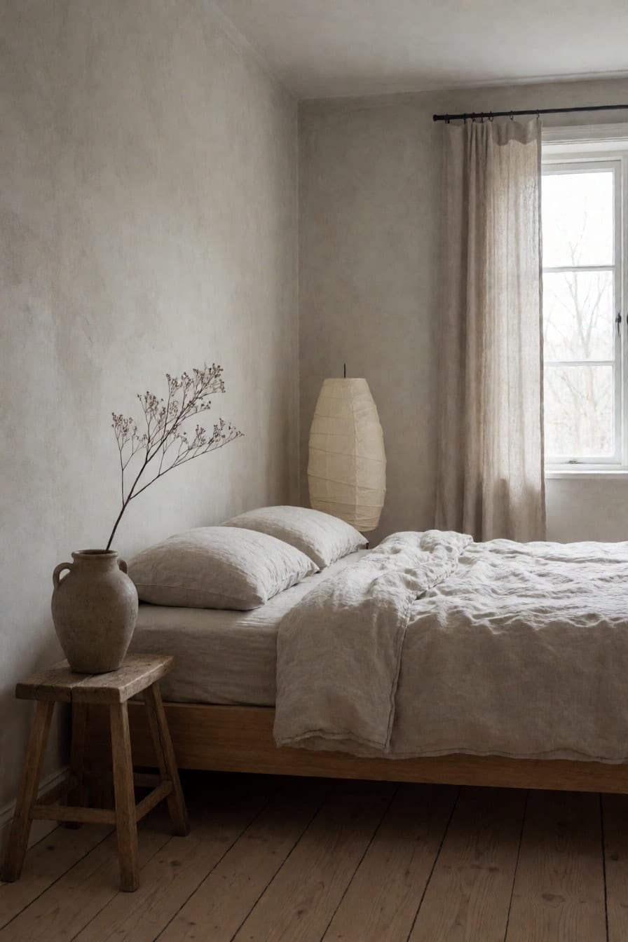 Wabi-Sabi-Schlafzimmer mit Kalkputzwänden in Graubeige, niedrigem Holzbett mit zerknittertem Leinen, Keramikvase mit trockenem Zweig und Papierleuchte