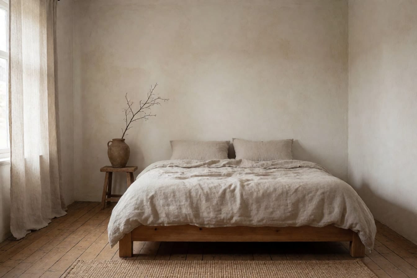 Kamar tidur wabi-sabi dengan dinding kapur putih hangat, ranjang kayu rendah, seprai linen kusut, dan vas tanah liat