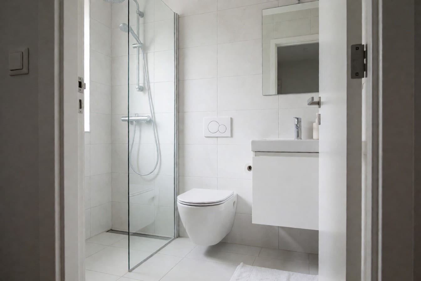 Banheiro compacto com vaso sanitário suspenso, box de vidro sem perfis e porcelanato branco fosco no piso e nas paredes