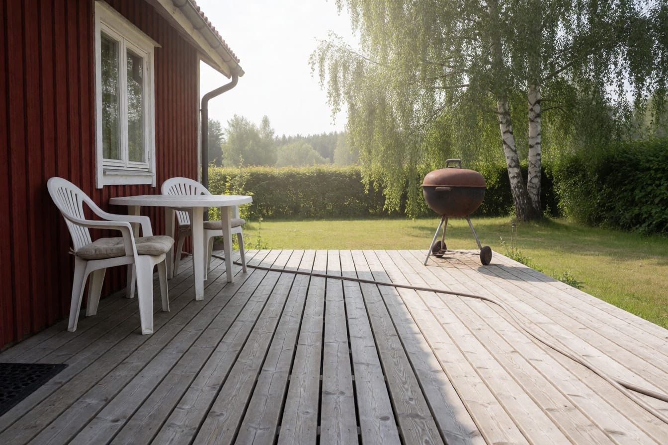 Väderbiten grå trall framför ett rött trähus med en vit plastmöbelgrupp, en rostig klotgrill och en trädgårdsslang över brädorna