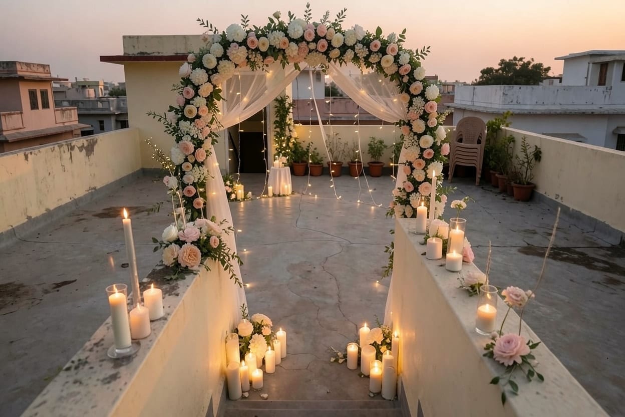 Tagterrassen på et familiehus i Jaipur i skumringen, pyntet med temaet Bryllup.