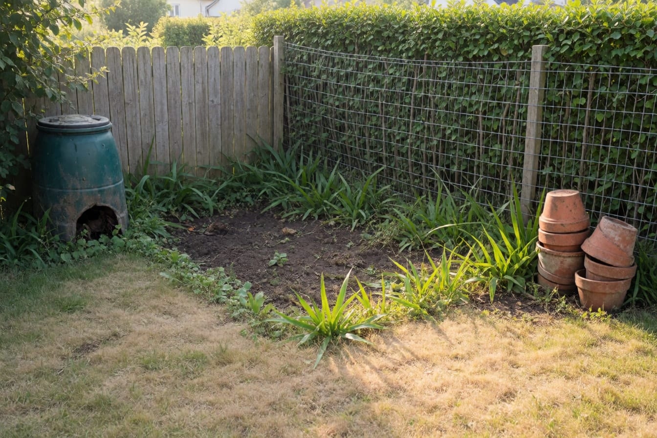 Angolo di giardino incolto con terra piena di erbacce, una vecchia compostiera, vasi di terracotta rotti e una rete metallica davanti a una siepe