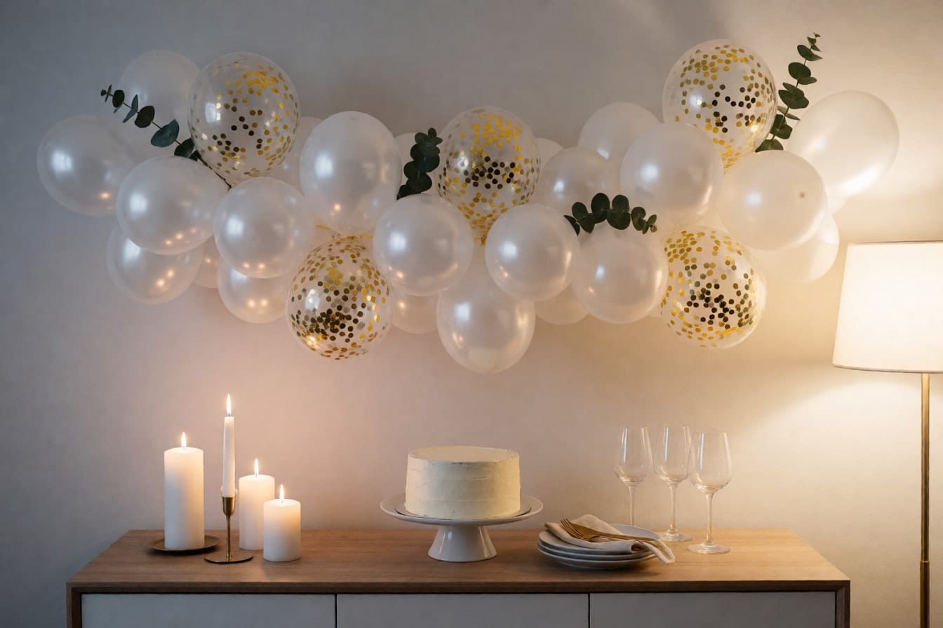 Puting balloon garland na may pearl at clear na lobong may gold confetti at eucalyptus sa ibabaw ng sideboard na may kandila at puting cake