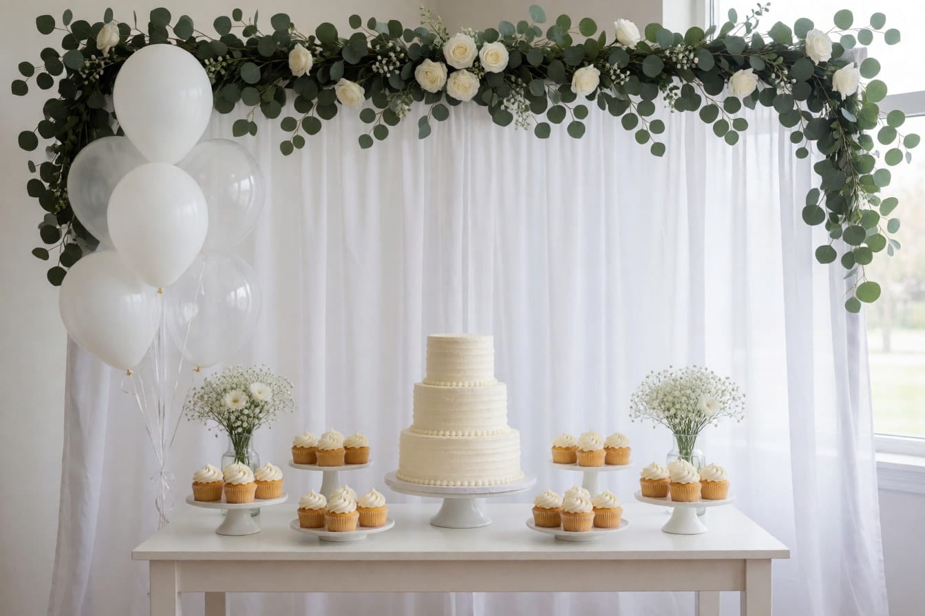 Dessert table ng binyag na may puting drape, garland ng eucalyptus at rosas, puting lobo, tatlong-patong na puting cake at cupcakes