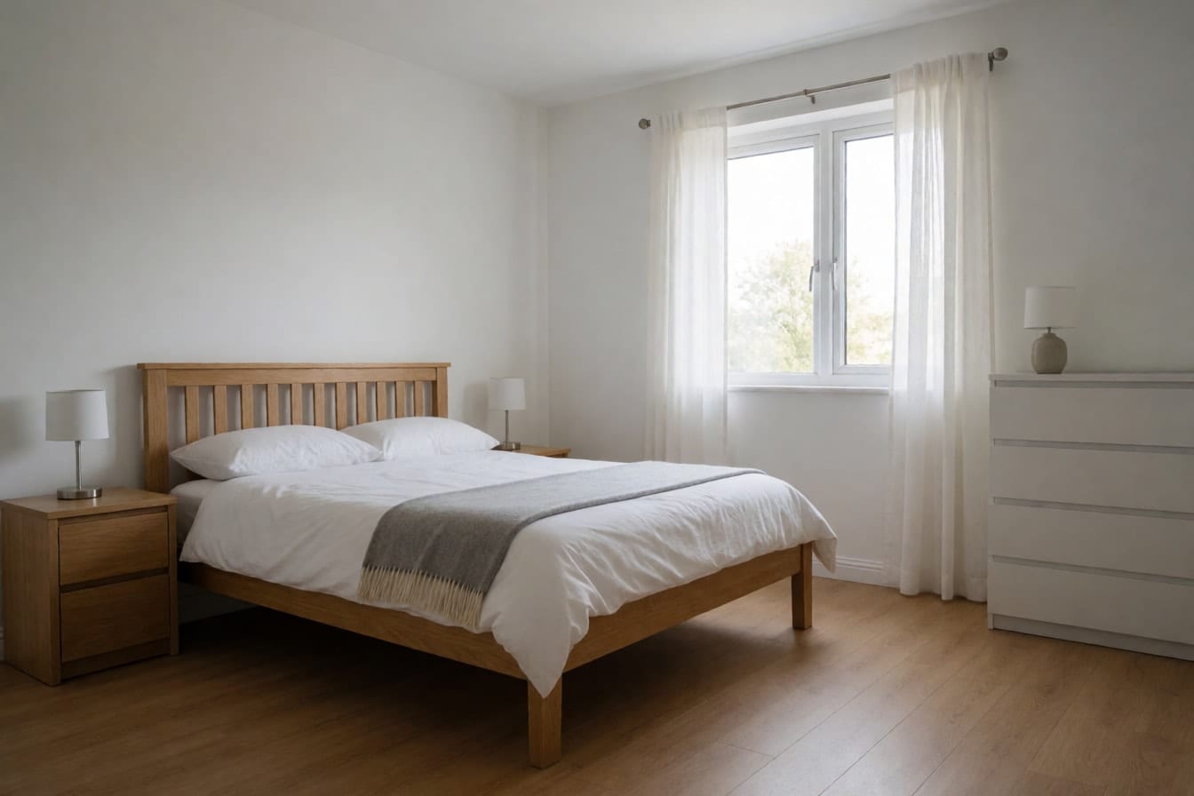 Helles Schlafzimmer mit weißen Wänden, Bett aus heller Eiche mit weißer Bettwäsche, Eichen-Nachttischen und großem Fenster mit weißen Vorhängen