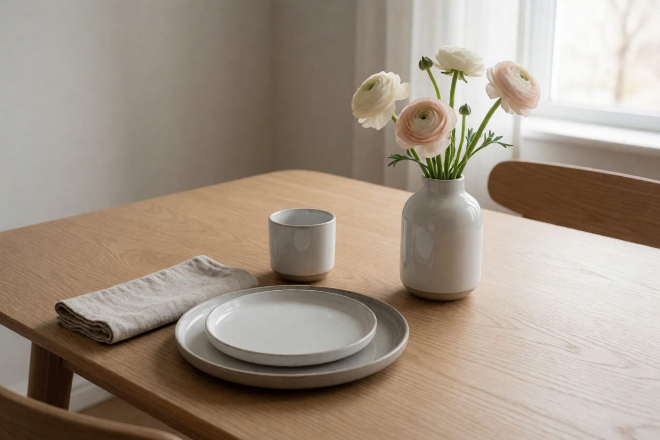 Esstisch aus heller Eiche mit weißem Geschirr und einer Vase mit cremefarbenen Ranunkeln