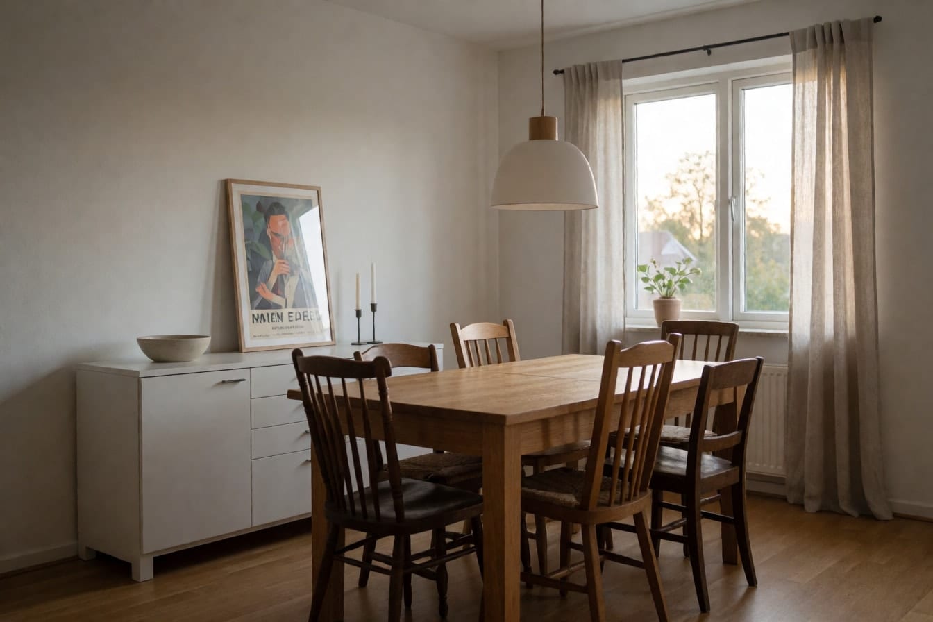 Essbereich mit weißen Wänden, Eichentisch mit sechs verschiedenen Stühlen, weißem Sideboard und Leinengardinen