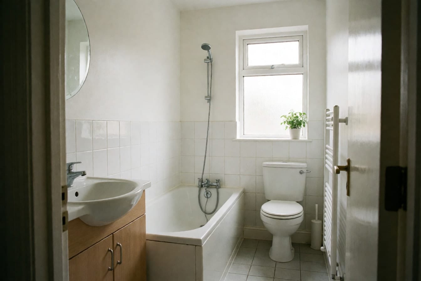 Baño luminoso con paredes pintadas de blanco sobre zócalo de azulejo, bañera, mueble de madera clara y espejo redondo