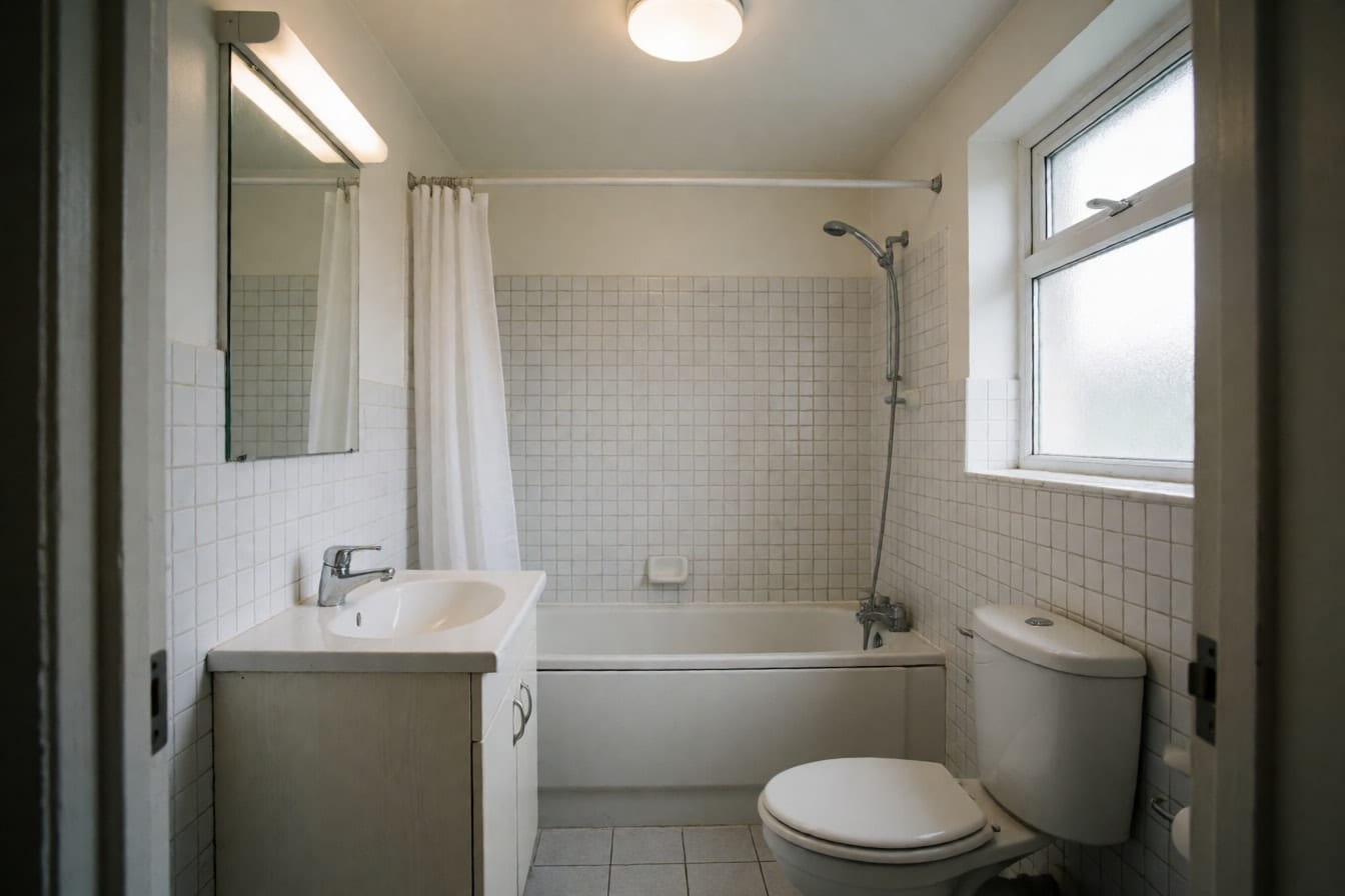 Cuarto de baño de alquiler con azulejo blanco cuadrado hasta media altura, bañera con cortina y mueble de lavabo sencillo