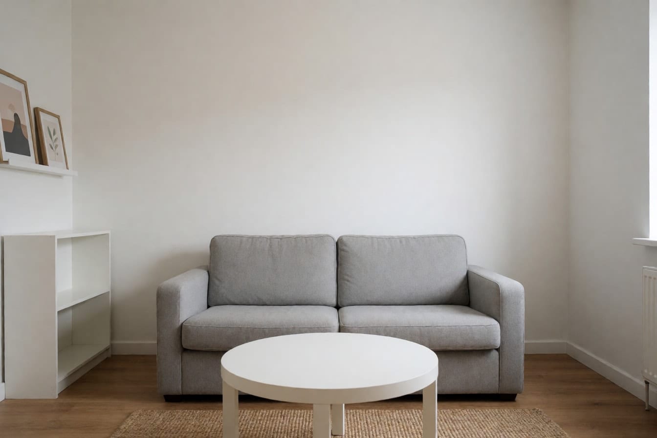 A small apartment living room with plain white walls, a gray sofa and a round white coffee table