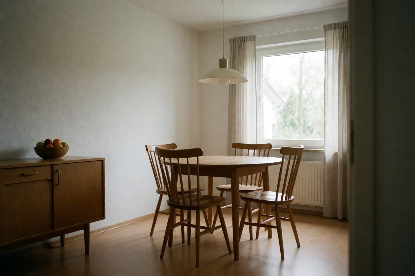 Rincón de comedor con mesa redonda de madera y paredes blancas
