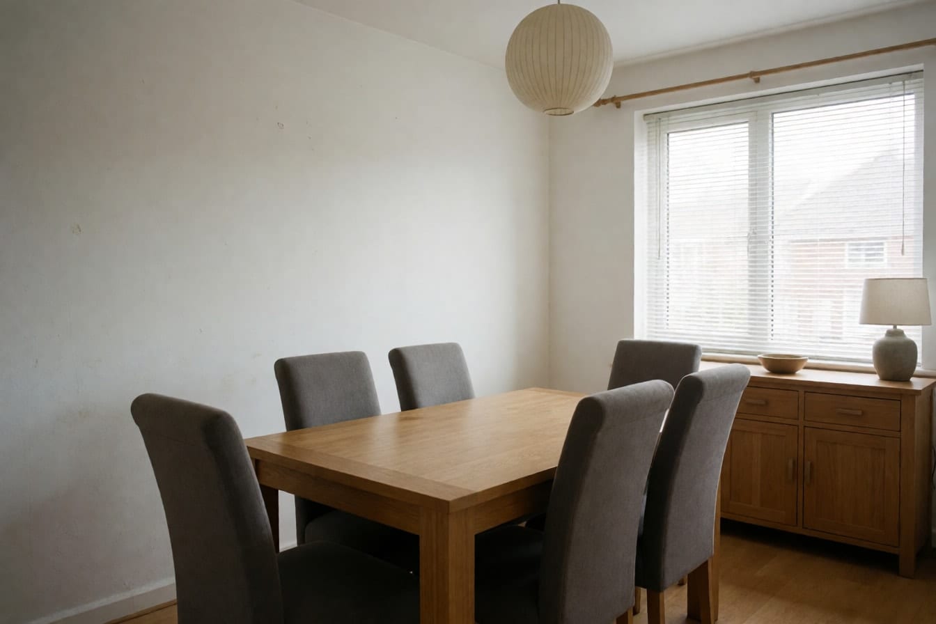 Sala da pranzo con pareti bianche, tavolo in rovere, sei sedie grigie e lampada a sospensione tonda