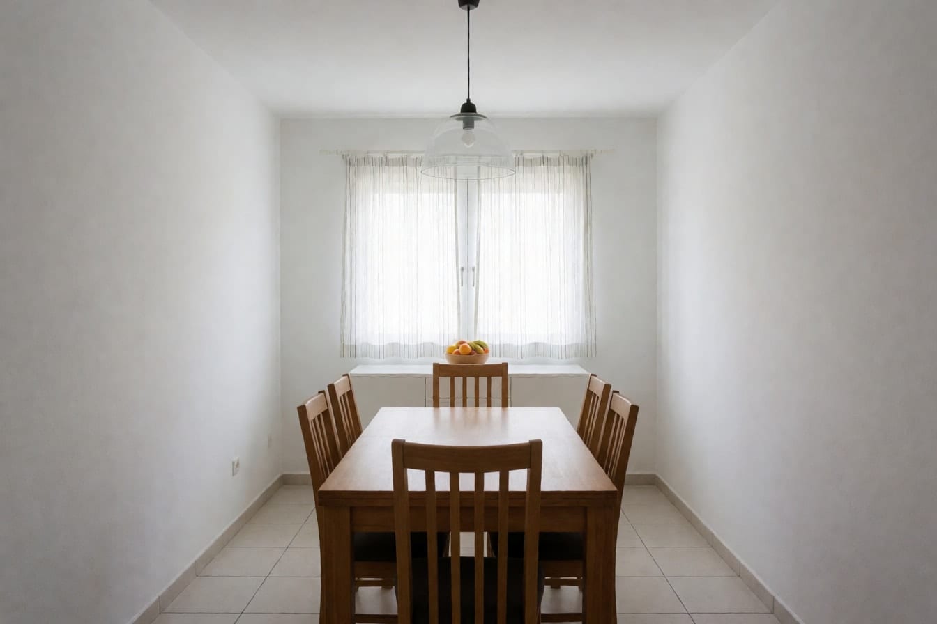 Τραπεζαρία με λευκούς βαμμένους τοίχους, ξύλινο ορθογώνιο τραπέζι με έξι καρέκλες, γυάλινο φωτιστικό και λευκό μπουφέ