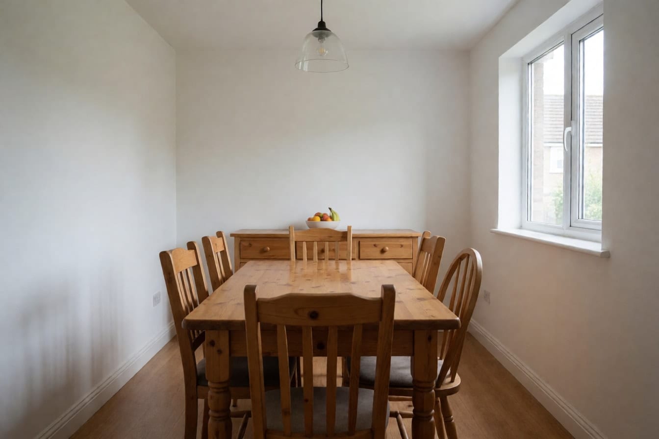 A dining room with flat white walls, a pine table, mismatched chairs and a glass pendant light