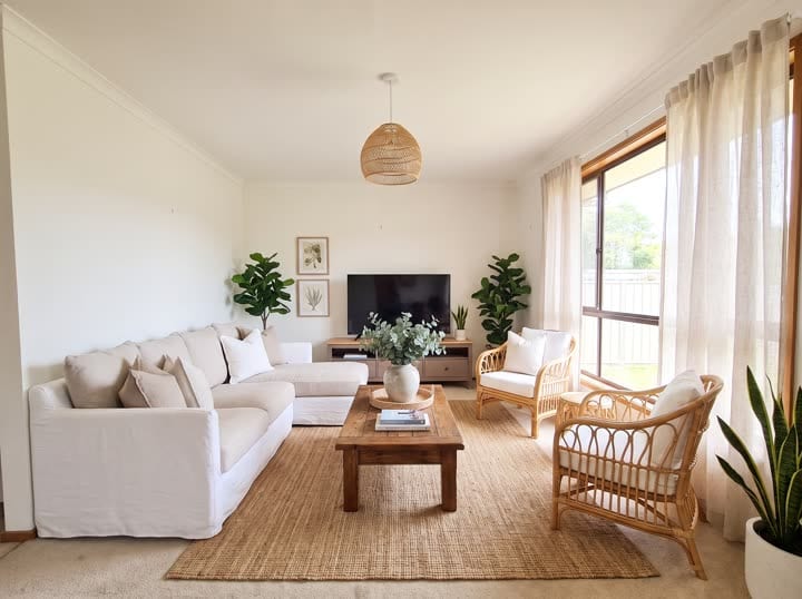 A bright living room with white walls, a linen sofa and rattan chairs