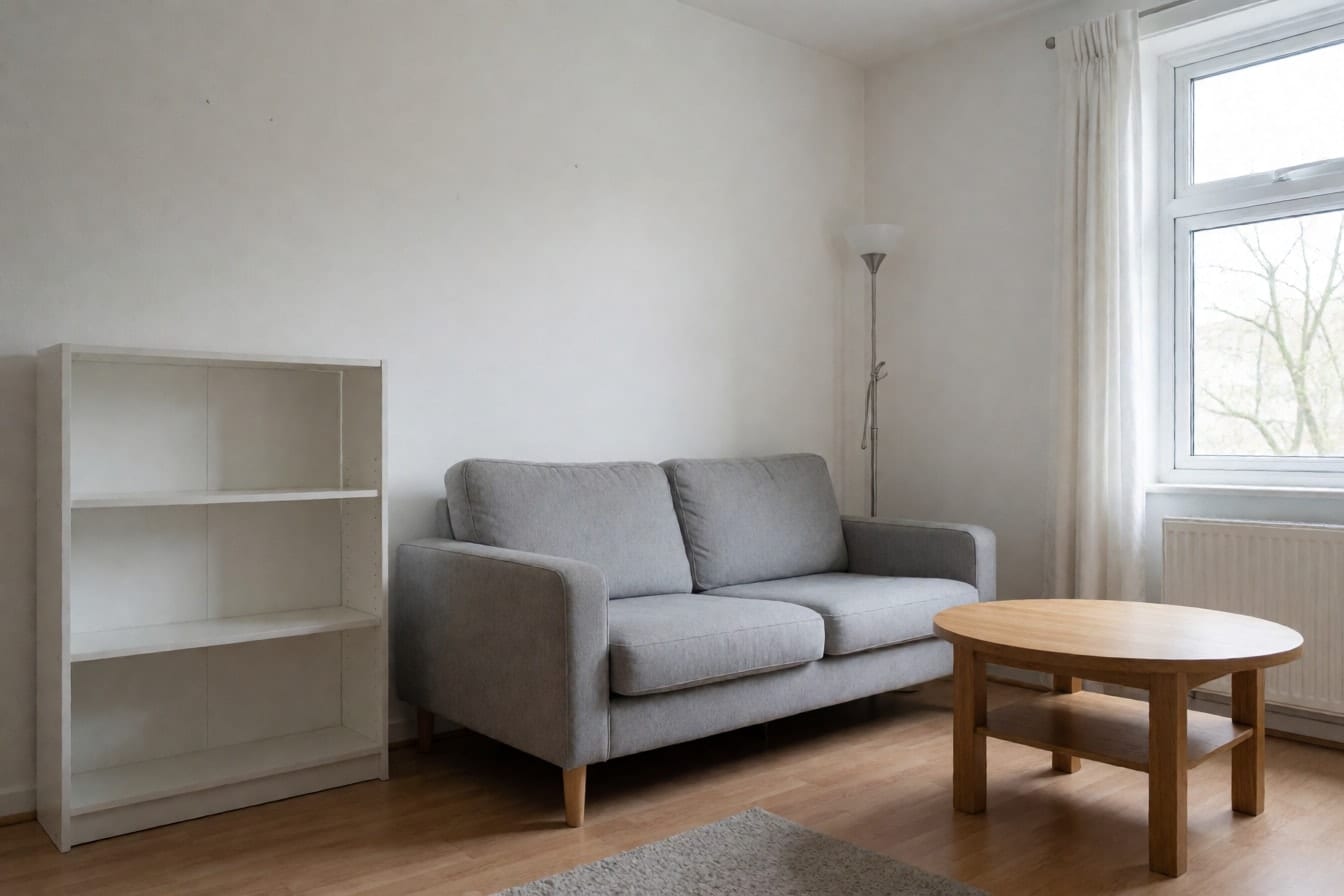 Un soggiorno in affitto con pareti bianche e qualche buco di chiodo, divano grigio chiaro e libreria bianca