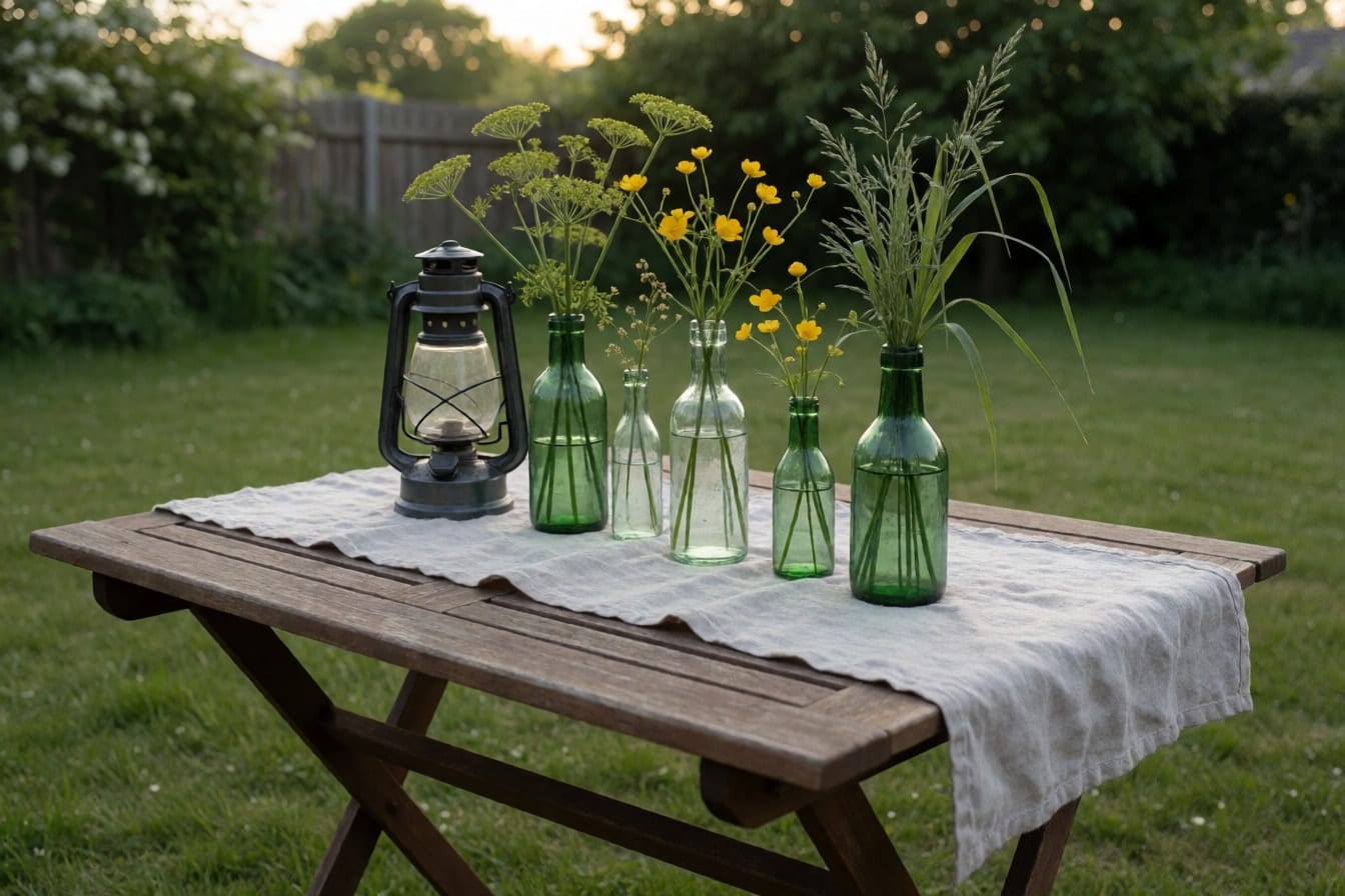 Gartentisch mit Leinentuch und alten grünen Flaschen voller Wiesenkerbel, Hahnenfuß und Gräser