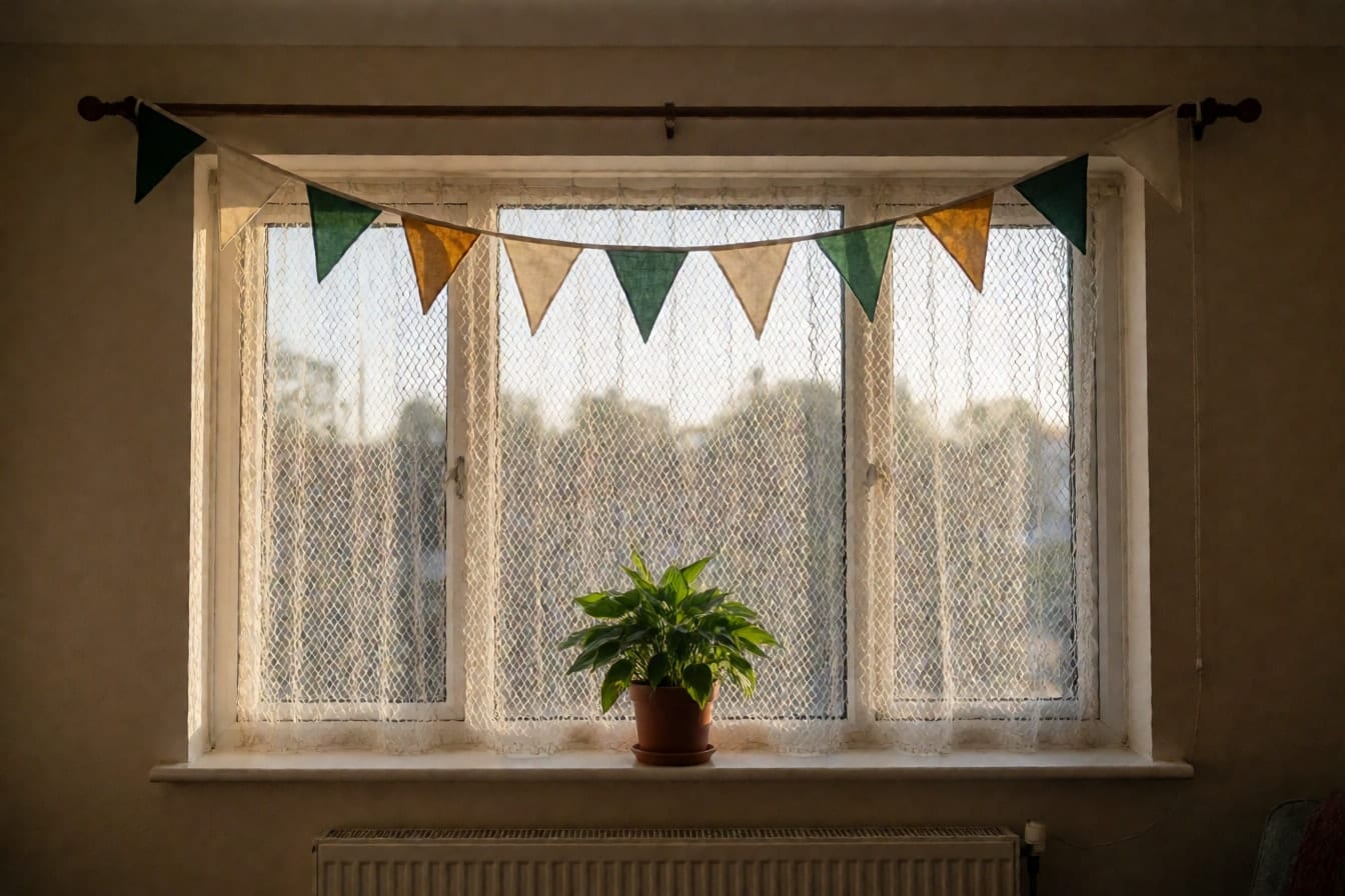 বসার ঘরের বড় জানালার মাথায় সবুজ, সোনালি ও ক্রিম কাপড়ের ত্রিভুজ পতাকা, জানালার তাকে টবের গাছ