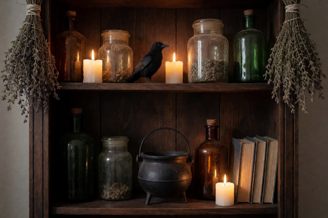 A dark bookshelf styled as a witch's apothecary with amber bottles, dried herbs, a cauldron and candles