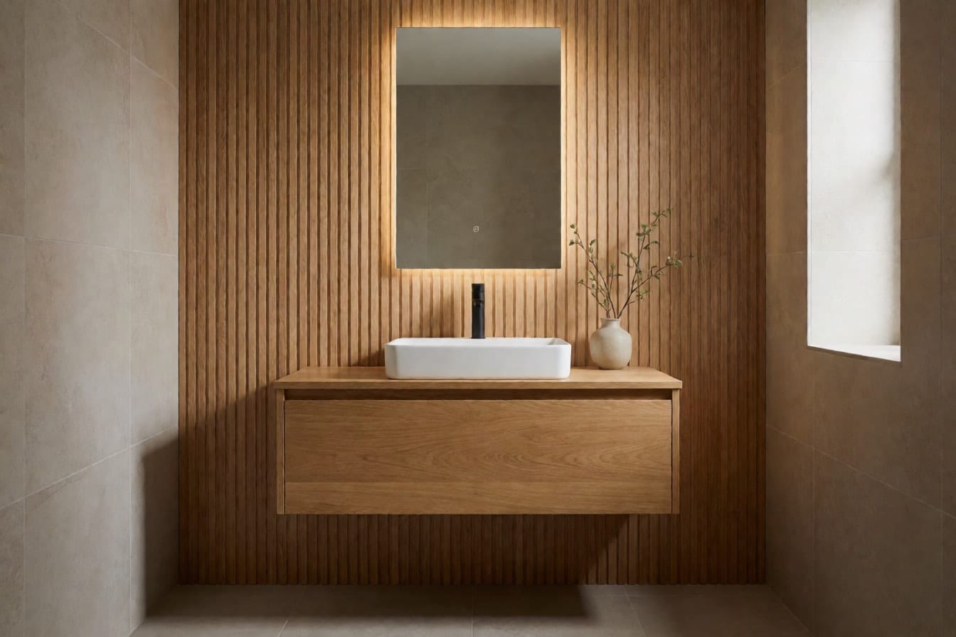Pared de listones verticales de roble detrás de un mueble de lavabo flotante con espejo retroiluminado