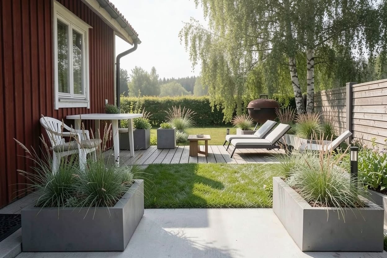 Samma trall omgjord i minimalistisk stil med nya brädor, en inbyggd träbänk och höga planteringslådor med prydnadsgräs