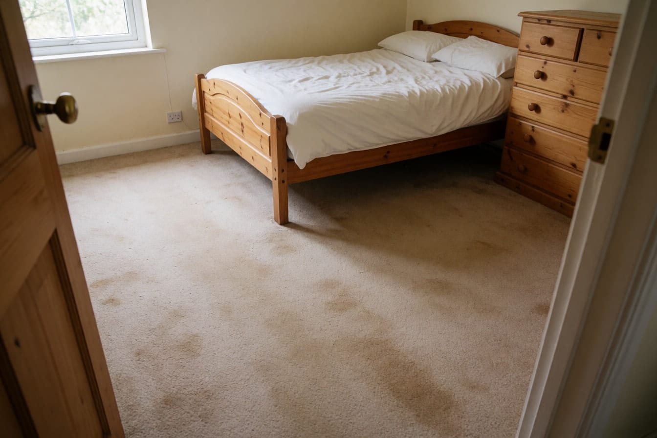 A bedroom with worn beige carpet, a wooden bed and a pine chest of drawers