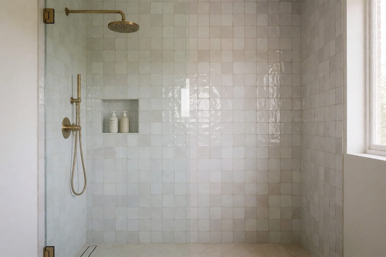 Ducha de obra con pared de azulejo zellige blanco brillante, rociador de latón y mampara de cristal